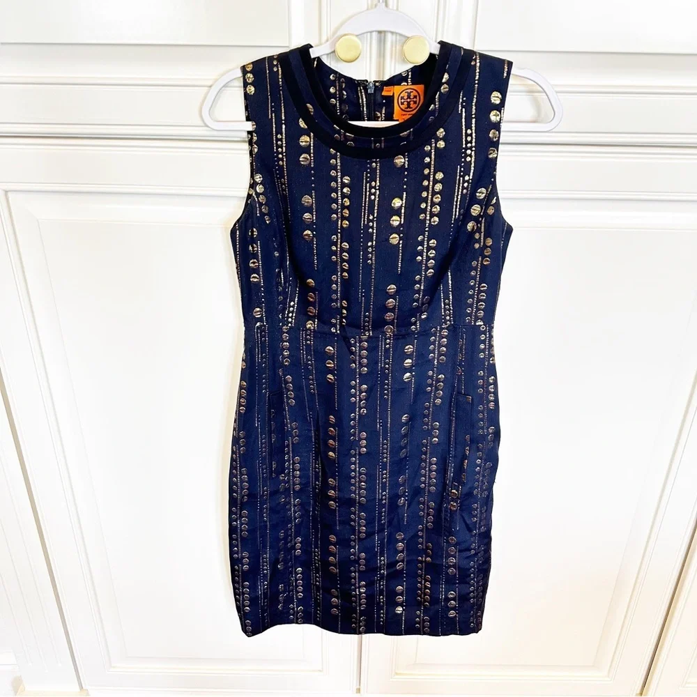 Tory Burch Women’s Navy Gold Metallic Silk Shift Dress Knee Length Cocktail SZ 8